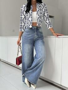 SHEIN Essnce Women's Casual Fashion Old Money Style Open Front Crop Three-Quarter Sleeves Jacket Work Women Jacket Teacher Outfits Teacher Jacket Fall Women Clothes Business Women Clothes Full Print Cropped Jacket Fall Women Jackets - Blue and White - View 5