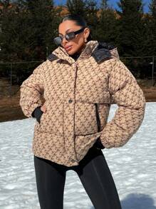 EURMUSE Hooded Geometric Pattern Drop Shoulder Puffer Thick Jacket - Multicolor - View 3