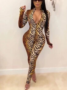 SHEIN Women's Tiger Print Long Sleeve Jumpsuit Fall Cloth For Women - Multicolor - View 5