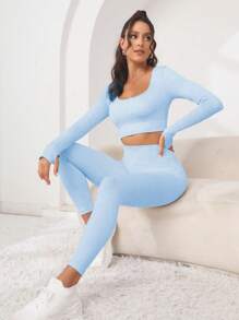 Core Rhythm 2pcs Women Solid Color Long Sleeve Cropped Tight T-Shirt And Seamless High Stretch Leggings Sports Set ,2 Pieces Set Blue - Blue - View 5