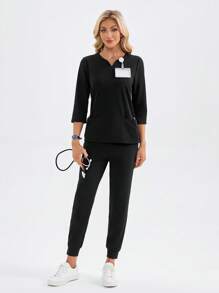 TaskEZ Solid Color V-Neck 3/4 Sleeve Pocket Scrub Top And Pants  Uniform Set Scrub Sets