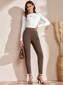 EMERY ROSE 女士纯色弹力腰带优雅长裤，带口袋 - 棕色 - 查看 4