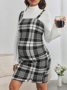 SHEIN 2 piezas Conjunto de maternidad: Top de cuello alto con mangas acampanadas y vestido deslizante a cuadros, conjunto de embarazo ajustado