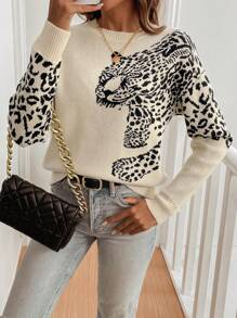 EMERY ROSE Women's Round Neck Leopard Print Long Sleeve Sweater,Long Sleeve Tops Knit Pullover Fall Winter Outfit - Apricot - View 1