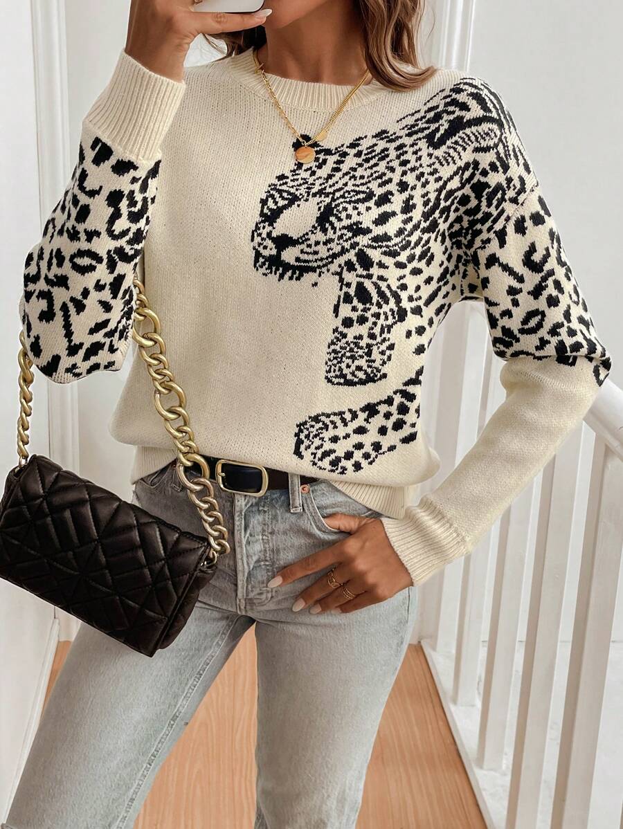 EMERY ROSE Women's Round Neck Leopard Print Long Sleeve Sweater,Long Sleeve Tops Knit Pullover Fall Winter Outfit - Apricot - View 1