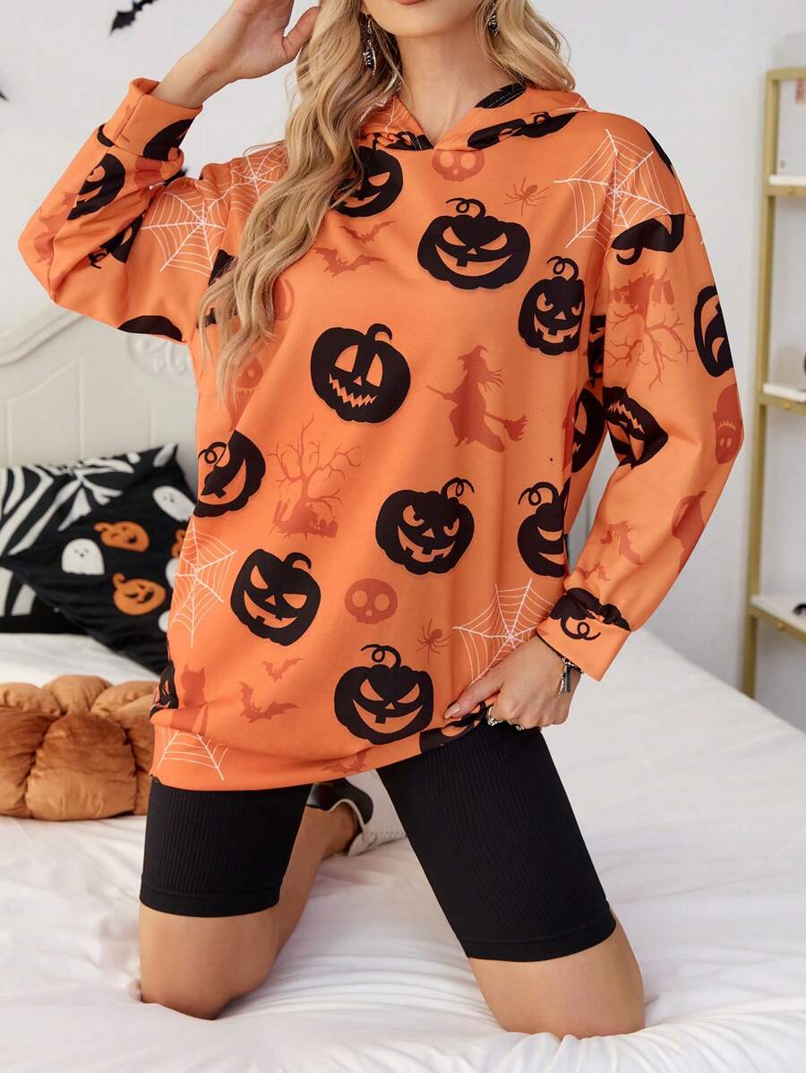 SHEIN Essnce 2024 Autumn Women's Halloween Custom Women's Dark Style Pumpkin Head Witch Devil Costume, Halloween Sweatshirt, Halloween Costume Vampire Dress - Orange - View 1