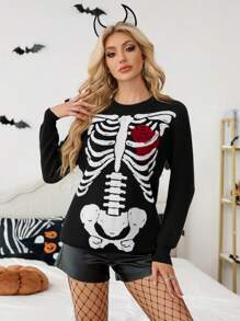 SHEIN Essnce Nuevos trajes de Halloween de estilo oscuro para mujeres en otoño e invierno 2024, que incluyen: Cárdigan con calavera de rosa, vestido de bruja/vampiro, disfraz de diablo, ropa personalizada de Halloween para mujeres - Negro - Ver 1