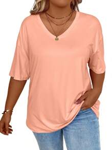 EMERY ROSE Plus Size Casual Loose Solid Color Drop Shoulder T-Shirt, Summer - Orange - View 3