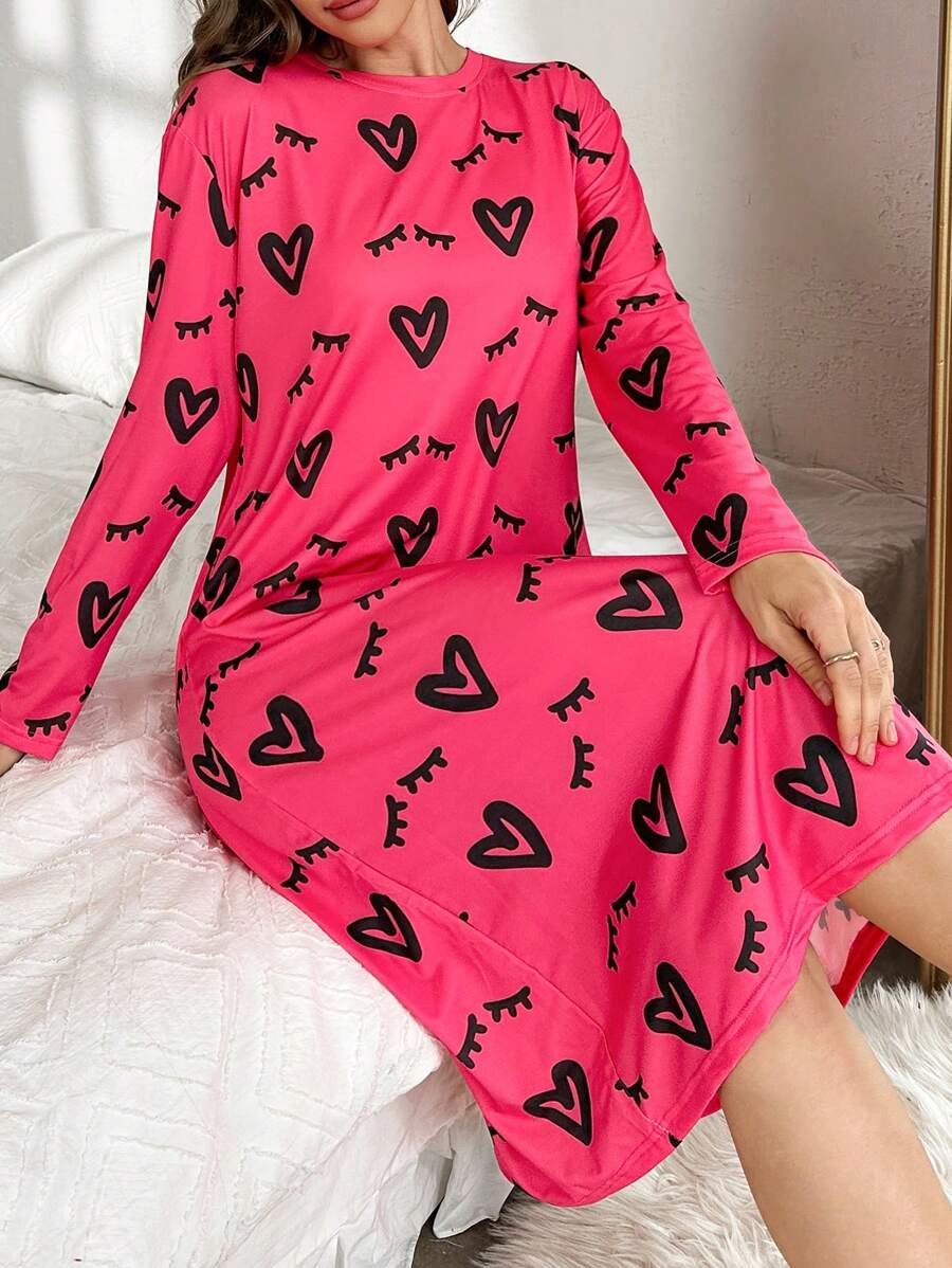 女士爱心睫毛印花长袖睡裙，Moo Moo品牌，适合秋冬季穿着 - 彩色 - 查看 1