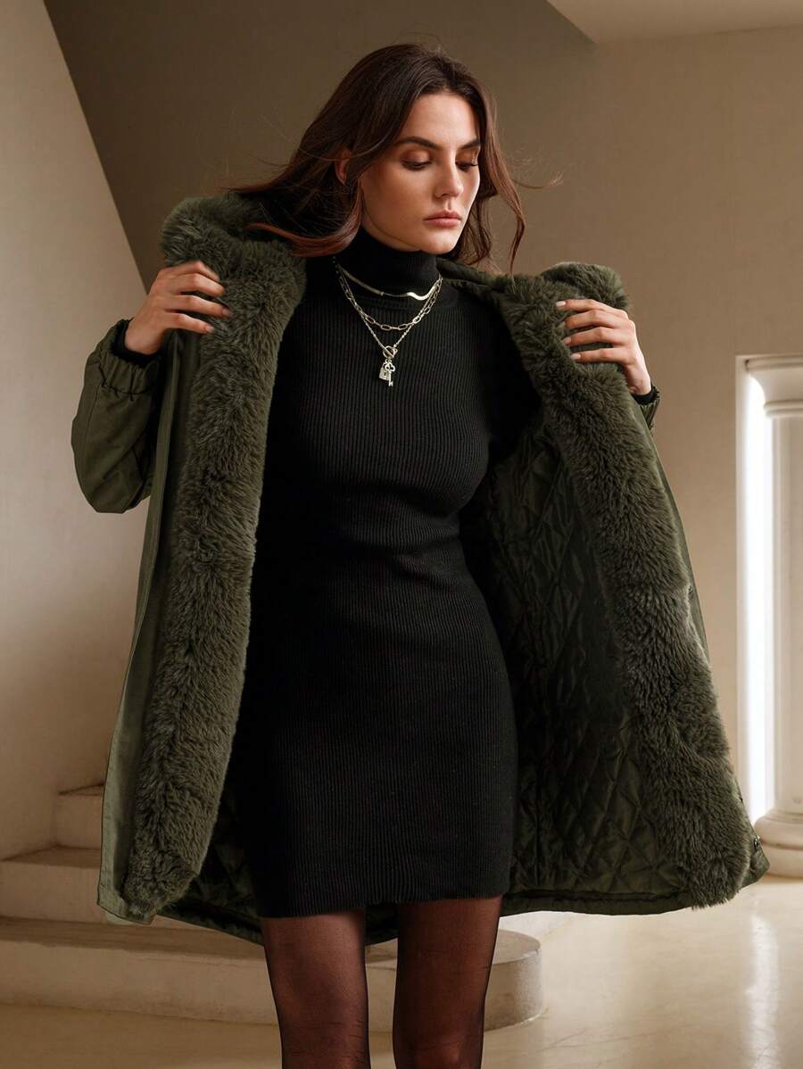 Anewsta Abrigo acolchado con cuello de piel gruesa y capucha, de largo medio y versátil - Verde militar - Ver 1