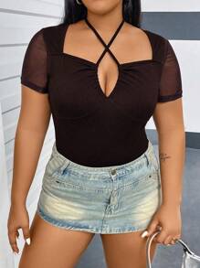 Flirla Camiseta elegante ajustada de talla grande con cuello de halter con cordón cruzado, manga corta y malla