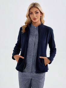 TaskEZ Plain Zipper Front Long Sleeve Pocket Uniform Scrub Jacket - Navy Blue - View 7