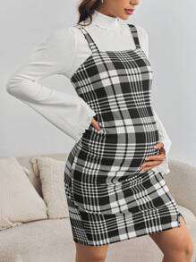 SHEIN 2 piezas Conjunto de maternidad: Top de cuello alto con mangas acampanadas y vestido deslizante a cuadros, conjunto de embarazo ajustado