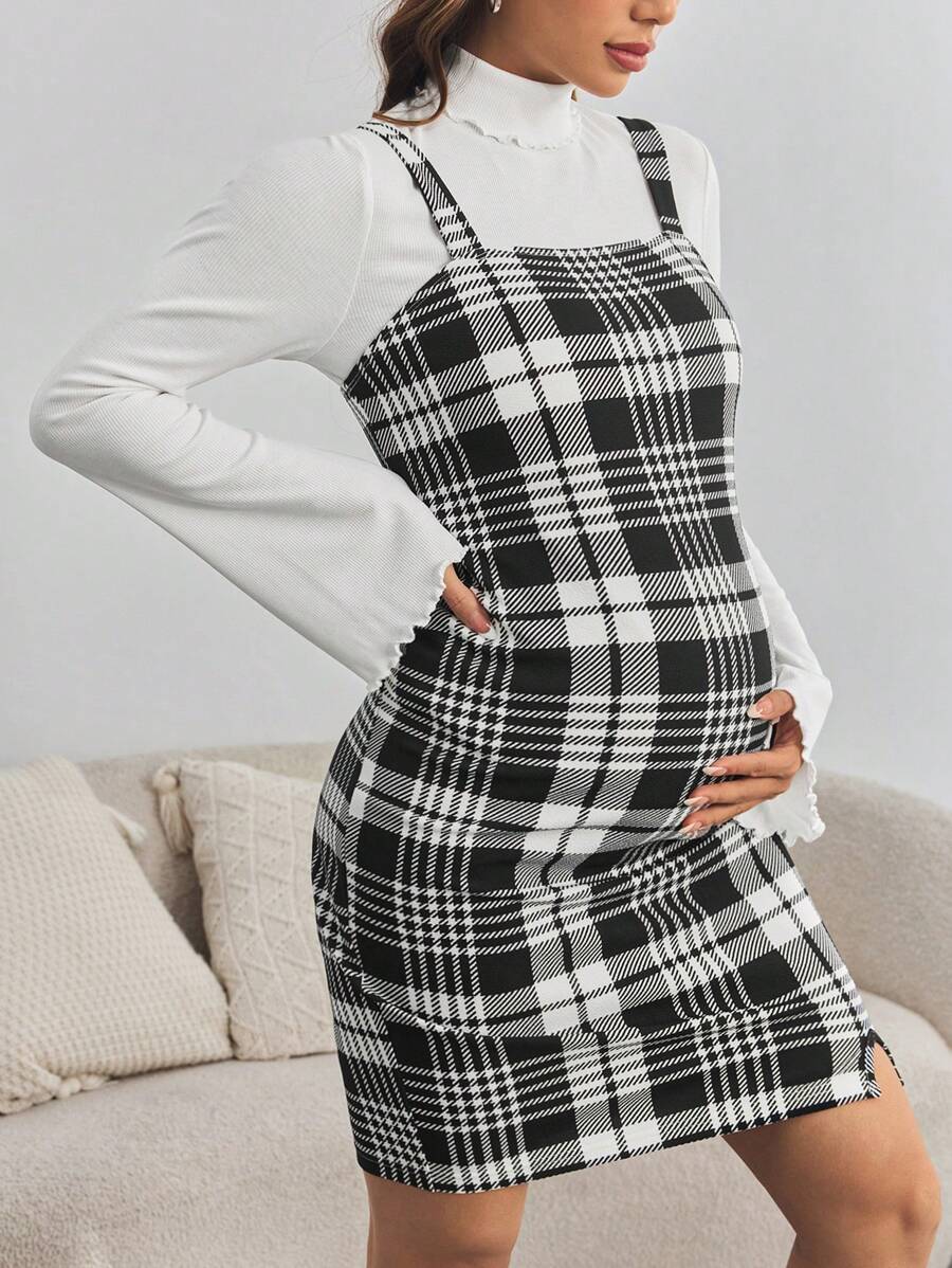 SHEIN 2pcs Maternity Set: Bell-Sleeve Turtleneck Top & Plaid Slip Dress, Fitted Pregnancy Outfit - Black and White - View 1