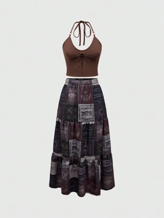Hippie 2 piezas/Set Parte superior con cuello de cuentas de madera con estampado a cuadros bohemio de mariposa para mujer