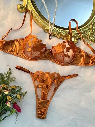 Gold Spaghetti Strap Sheer Embroidered Classic Sexy Lingerie Set With Mini Shorts