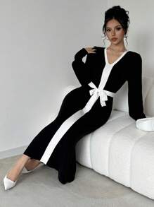 Elenzga Váy len dài tay thanh lịch cổ chữ V phối màu - màu đen - Xem 3