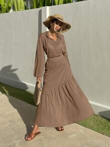 EURMUSE 2pcs Set: Ruffled Collar Lantern Sleeve Blouse And Skirt - Brown - View 4