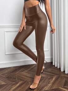 SHEIN X Antonella SHEIN SXY 女士纯色高腰 PU 皮革紧身打底裤 - 棕色 - 查看 1
