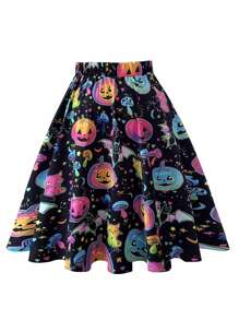 SHEIN LUNE Plus Size Women's Casual Pumpkin Print Short Halloween Skirt - Black - View 2