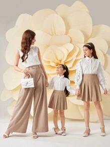 2 piezas Conjunto de blusa de manga larga con volante exagerado y falda plisada para niñas preadolescentes - Caqui - Ver 11