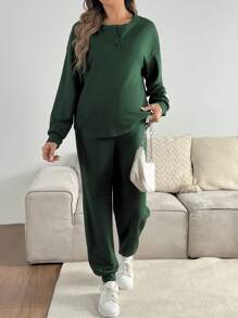 SHEIN 2pcs Maternity Solid Color Long Sleeve Top And Pants Set, Spring/Autumn - Green - View 3