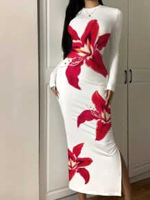 SHEIN EZwear Casual Minimalist Lily Floral Print Crew Neck Long Sleeve Bodycon Long Dress, Suitable For Spring & Autumn Chic Dress - White - View 1