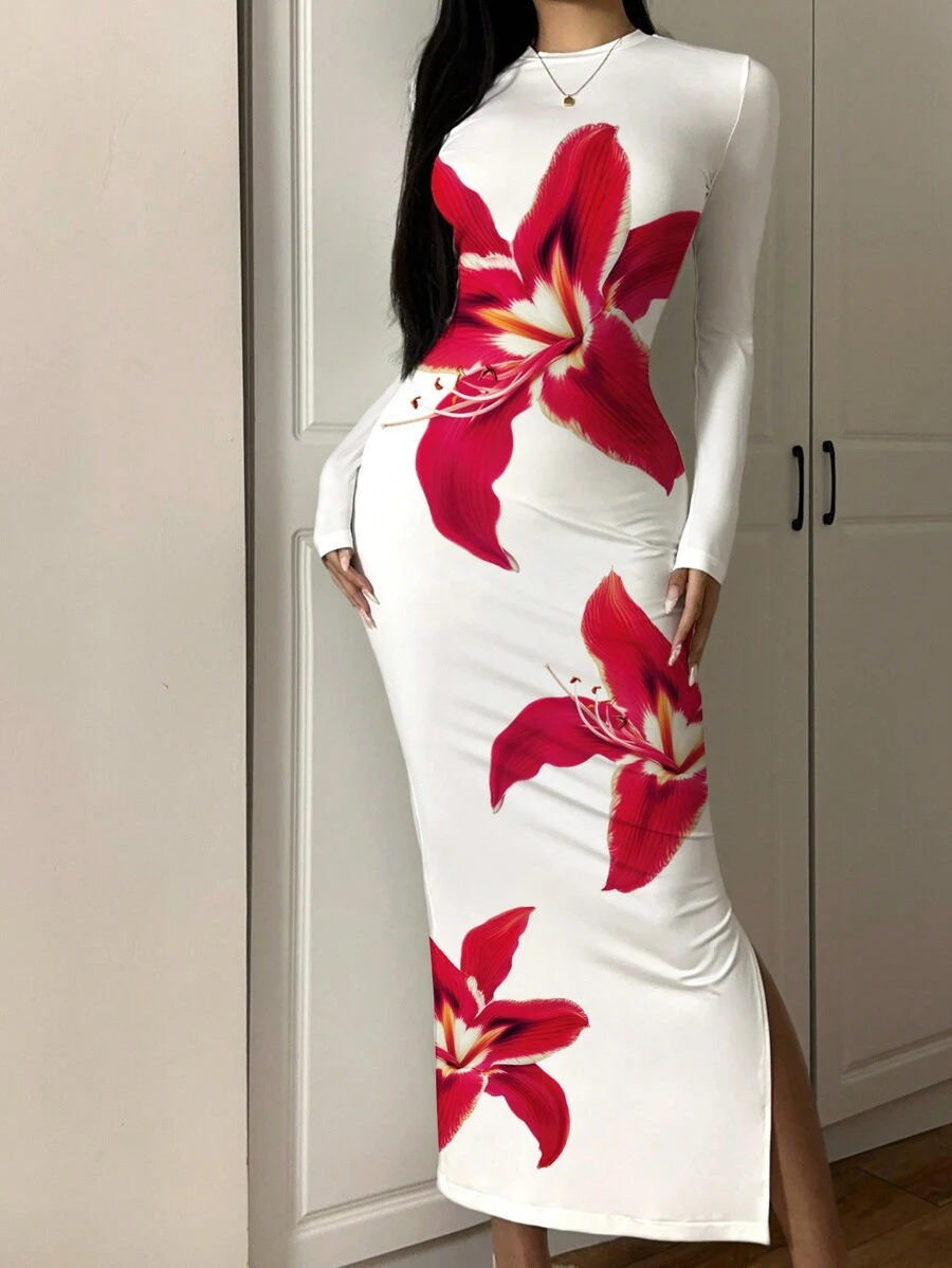 SHEIN EZwear Casual Minimalist Lily Floral Print Crew Neck Long Sleeve Bodycon Long Dress, Suitable For Spring & Autumn Chic Dress - White - View 1
