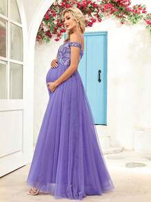 孕妇露肩网眼亮片派对连衣裙 - 紫羅蘭色 - 查看 3