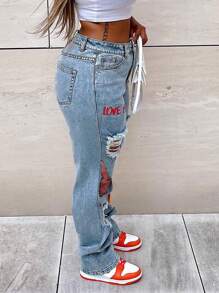 Women's Butterfly Slogan Print Distressed Straight-Leg Jeans Casual Spring - Light Wash - View 3