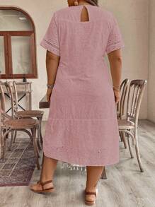 EMERY ROSE Plus Size Eyelet Embroidered Woven Patchwork Round Neck Long Sleeve Dress Women Outfit, For Summer - Dusty Pink - View 2