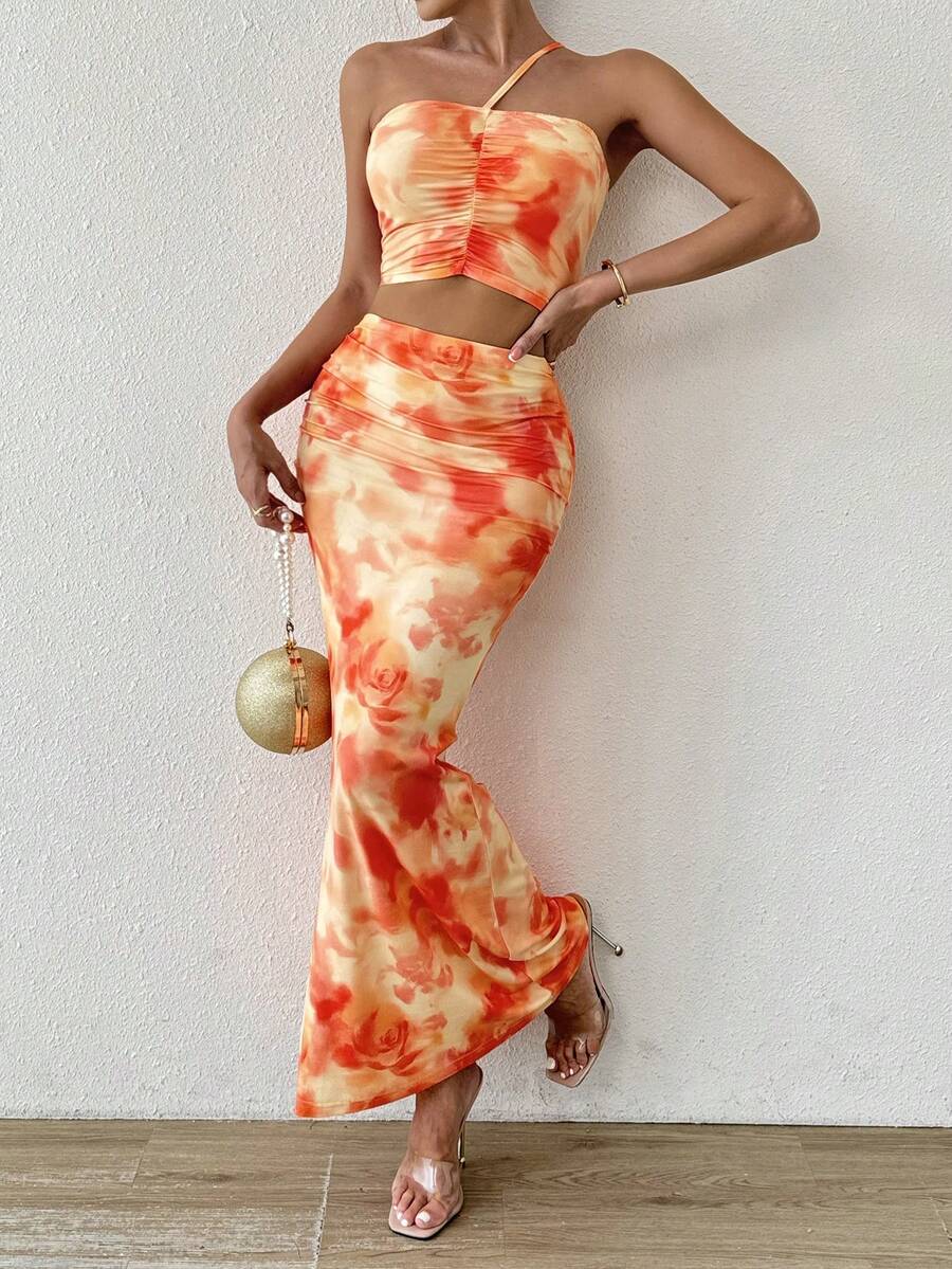 Allurite 2 件女士水彩印花露肩上衣和裙子套装 - 彩色 - 查看 1