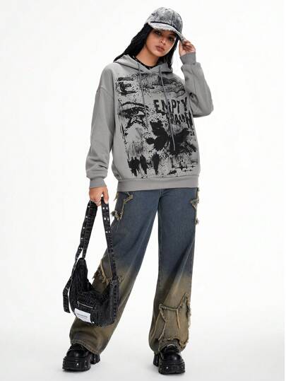 Grunge Punk هوديKبمقاس كبير مطبوع عليه شعار، كلمة، شكل وفراشة بطراز مهترئ كلاسيكي للنساء باللون الرمادي