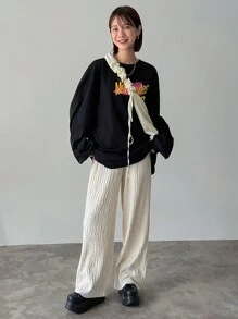 FRIFUL 女式弹性腰部纯色纹理面料直腿休闲裤 - 米色 - 查看 2