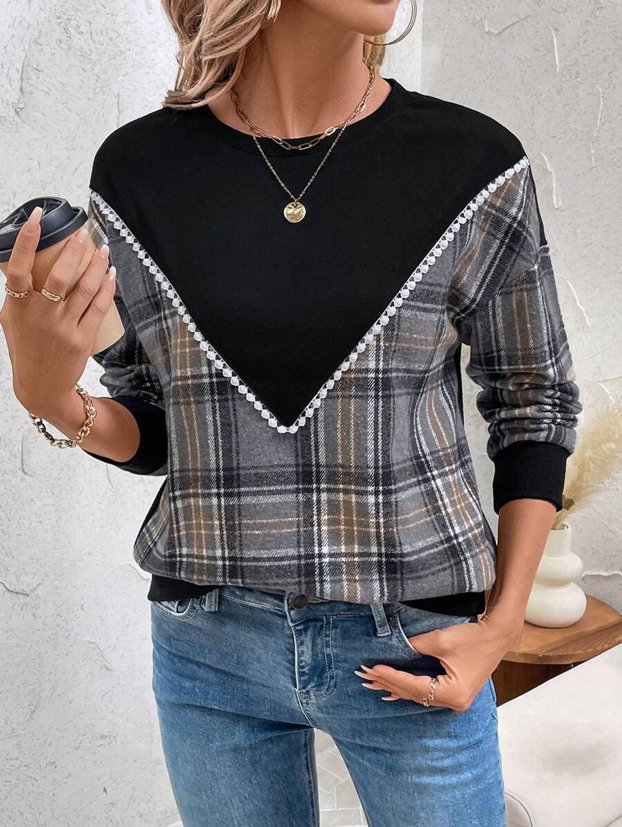 SHEIN LUNE Plaid Print Round Neck Casual Long Sleeve Sweatshirt Pullover Fall Outfit