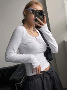 DAZY Solid Color Tight-Fitting T-Shirt With Long Sleeve And Large Round Neck,Back To School Clothes - White - View 5