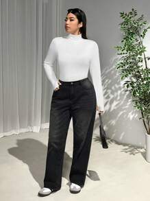 SHEIN EZwear Plus Size Women's High Collar Long Sleeve Versatile T-Shirt, Fall & Winter - White - View 7