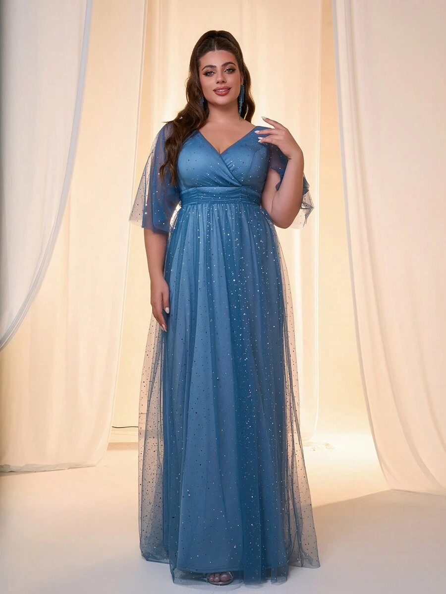 Váy chiffon dài tay xếp ly ngực không đối xứng cỡ lớn, váy dạ hội trang trọng thanh lịch, dành cho khách dự tiệc cưới, tốt nghiệp, tiệc tối - Màu xanh bụi bặm - Xem 1
