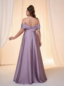 Váy satin cổ yếm chéo bất đối xứng cỡ lớn, váy phù dâu - Màu tím - Xem 2