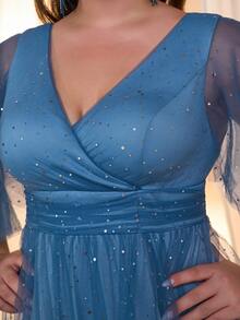 Váy chiffon dài tay xếp ly ngực không đối xứng cỡ lớn, váy dạ hội trang trọng thanh lịch, dành cho khách dự tiệc cưới, tốt nghiệp, tiệc tối - Màu xanh bụi bặm - Xem 5