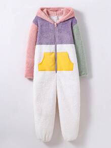 Bộ đồ ngủ liền quần vải nỉ cho bé gái tuổi mới lớn, bộ đồ ngủ dài có mũ trùm đầu màu chắp vá, đồ ngủ mùa đông ấm áp - Nhiều màu - Xem 6