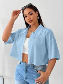 Comfortcana Plus Size Women's Casual Solid Color Short Shirt For Summer - Blue - View 3