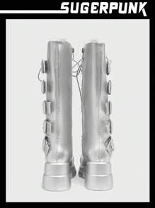 Sugerpunk Women's Outdoor Round Toe Platform Thick Bottom Button PU Leather Fashion Comfortable Daily Party Side Zipper Lace-Up Boots