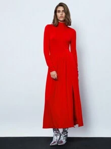 Maija 女士纯色立领长袖侧开衩下摆连衣裙，春夏优雅连衣裙针织连衣裙 - 紅色 - 查看 7