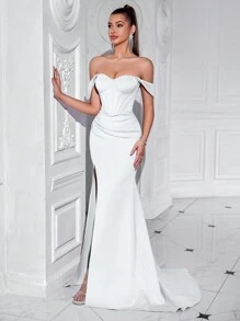 ADYCE Off-The-Shoulder Heart Neckline Ruffle Front Slit Backless Cocktail Maxi Dress - White - View 7