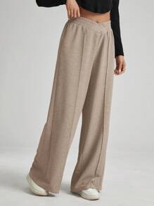 SHEIN Essnce 女士纯色不对称腰带休闲阔腿裤 - 摩卡棕 - 查看 6