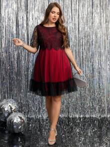SHEIN Clasi Plus Size Zwarte Kant Contrast Mesh Elegante Zomerjurk
