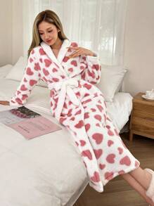 Women's Heart Print Pocket Fleece Robe With Collar, For Fall Winter - White - View 6