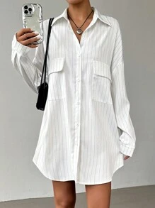 SHEIN EZwear Women's Button Collar Long Sleeve Pockets Striped Short Casual Dress - White - View 4
