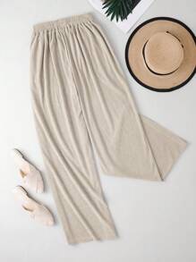 SHEIN Women's Solid Color Simple Adjustable Waist Casual Baggy Pants Fall Cloth For Women - Beige - View 2